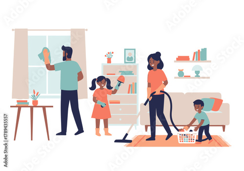 Family Cleaning Together Illustration of Parents and Children Doing Chores.