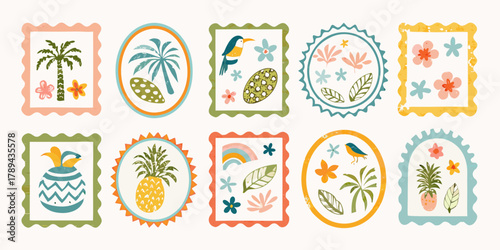 Collection of whimsical tropical themed decorative stamps featuring palm trees pineapples birds and flowers