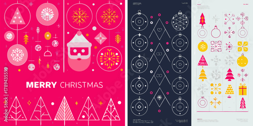 Modern geometric christmas decorations and santa claus with merry christmas text on pink background