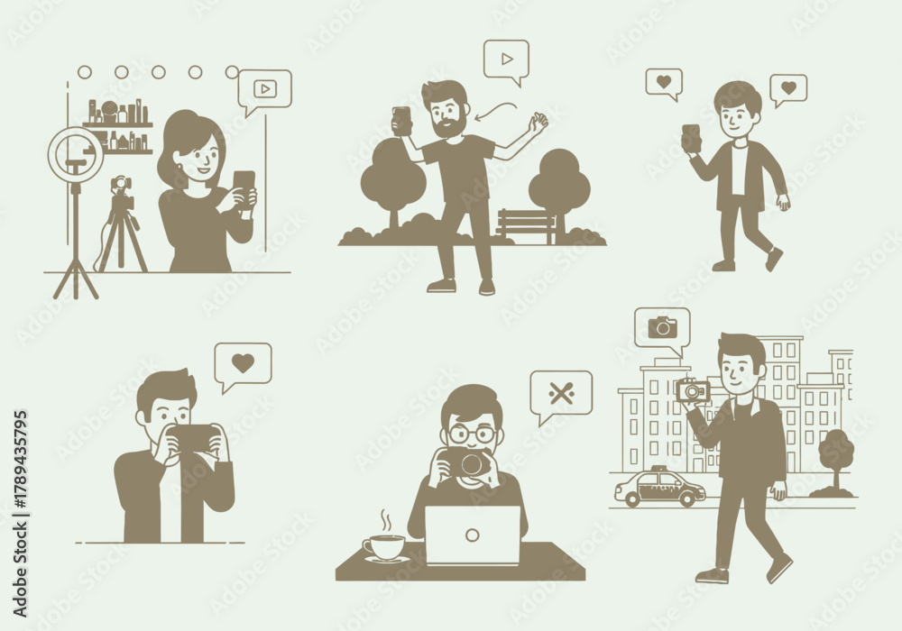 Fototapeta premium Illustrated People Using Cameras and Smartphones in Various Settings.