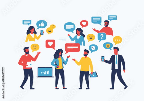 Diverse Group of People Communicating with Speech Bubbles and Devices.