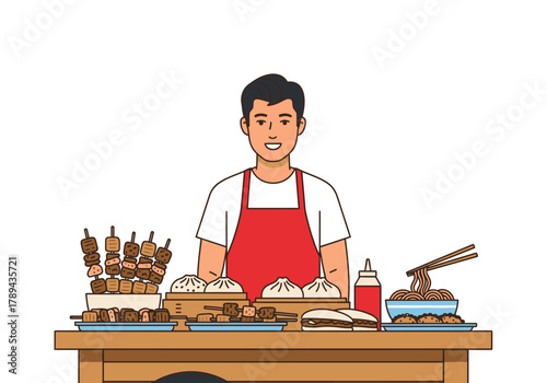 Smiling street food vendor in red apron with diverse Asian dishes on a wooden stall cartoon illustration.