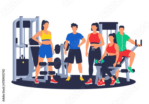 Diverse group of people exercising in a modern gym setting.