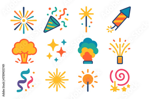 Festive Firecracker Icons. Celebration Firecrackers flat icons: burst pattern, confetti, sparkler, rocket launch, explosion cloud, twinkling stars, glowing fuse, colorful smoke,
