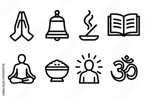 Spiritual Icon Set. Spiritual Tradition linear icon set: prayer hands, temple bell, incense smoke, sacred text, meditation pose, offering bowl, light aura, holy symbol.