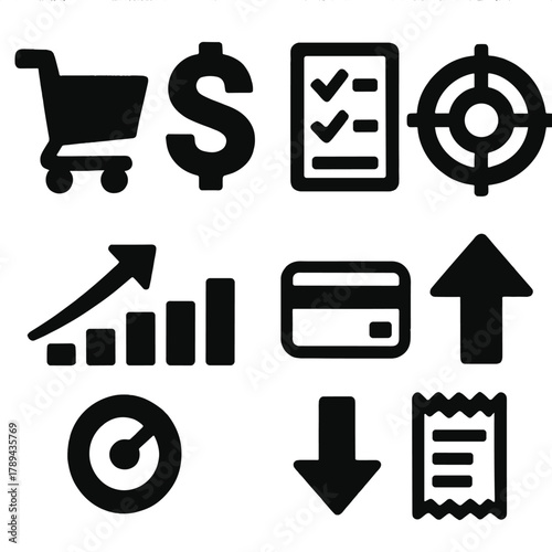 Brutalist Sales Icons. Sales Targets silhouette icon set: shopping cart, dollar sign, checklist, target, graph, credit card, upward arrow, receipt.