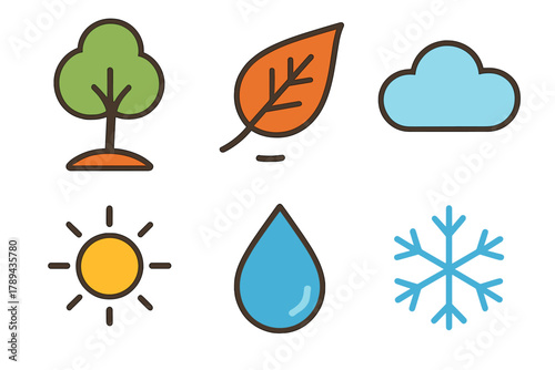 Seasonal Elements Icons. Seasonal Change flat icons: Tree, Falling Leaf, Cloud, Sun, Raindrop, Snowflake.