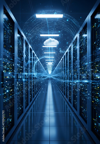 High-tech digital data center with glowing server racks and cloud connections
