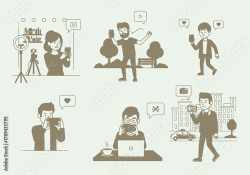 Illustrated People Using Cameras and Smartphones in Various Settings.