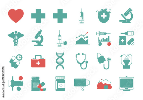 Medical Icons Set Heart Crosses Syringes Microscope DNA Stethoscope Pills.