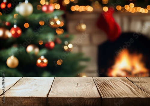 Rustic wooden table top with blurred festive Christmas tree and fireplace with glowing fire and stocking in background