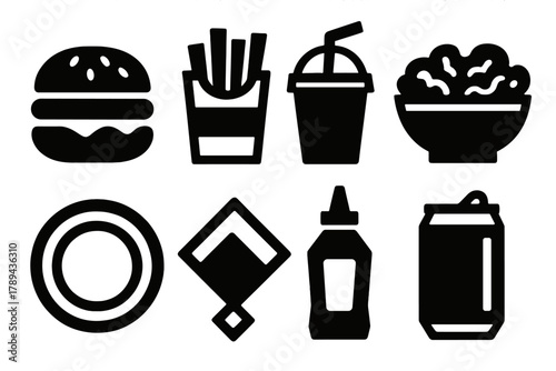 Brutalist Lunch Icons. Casual Lunch silhouette icon set: burger, fries, soda cup, salad, plate, napkin, ketchup bottle, soft drink.