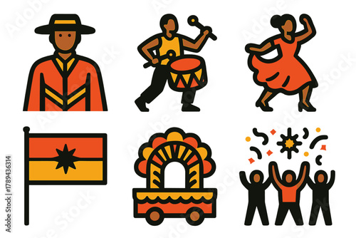Cultural Parade Icons. Cultural Parade silhouette icon set: traditional costume, drum player, folk dancer, heritage flag, decorated float, street celebration.