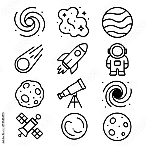 Cosmic Icons Collection. Space Galaxy linear icon set: galaxy, nebula, planet, star, comet, rocket, telescope, astronaut, asteroid, satellite, black hole, moon.
