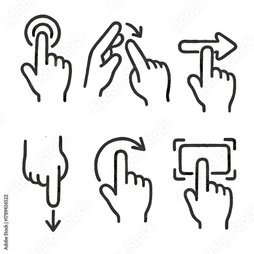 Touch Gesture Icons. Touch Interactions outline icons: finger tap, two-finger pinch, swipe right, scroll down, rotate motion, drag gesture, touch interface icon, double click.