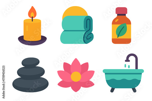 Minimalist Spa Icons. Spa Relaxation flat icons: Candle, Towel, Essential Oil, Pebbles, Lotus Flower, Bath.