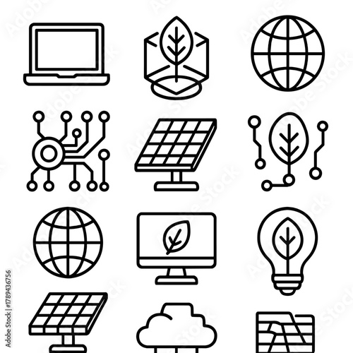 Digital Eco Icons. Digital Reforestation linear icon set: laptop, hologram, 3D cube, leaf, data nodes, circuit board, globe, network grid, solar panel, monitor screen, cloud, light