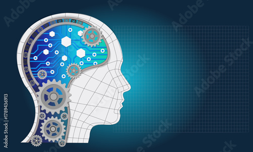 Creative illustration of human head with gears and circuit patterns symbolizing artificial intelligence, machine learning, digital innovation and advanced technological thinking in futuristic design.