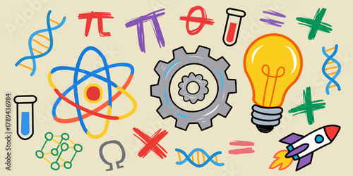 Colorful hand-drawn illustration combining science, technology, and creativity concepts featuring DNA, atom, gear, light bulb and rocket, representing innovation, research, and education in STEM field