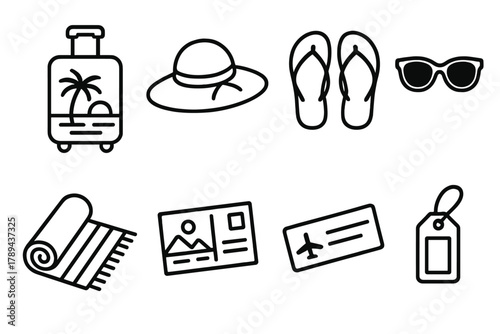 Tropical Travel Icons. Vacation Bags linear icon set: tropical luggage, sun hat, flip flops, sunglasses, beach towel, postcard, boarding pass, suitcase tag.