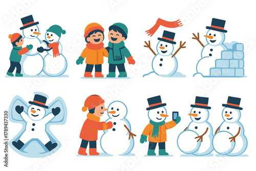 Snowman Fun Icons. Snowman Activities flat icons: teamwork building, kids laughing, snow fort beside, scarf tossing, snow angel making, decorating with twigs, snowman selfie,