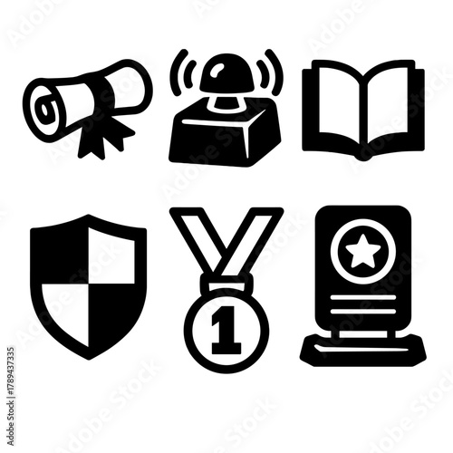 Academic Icon Set. Academic Championship silhouette icon set: diploma scroll, quiz buzzer, open book, school crest, victory medal, award plaque.