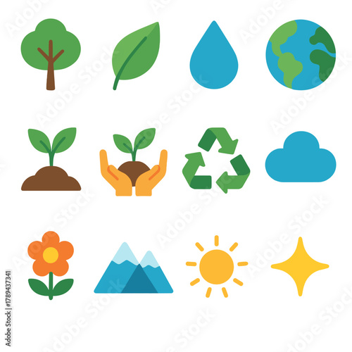 Eco Symbols Collection. Environmental Restoration flat icons: tree, leaf, water droplet, earth, sprout, hands holding plant, recycling symbol, cloud, flower, mountain, sun, sparkle
