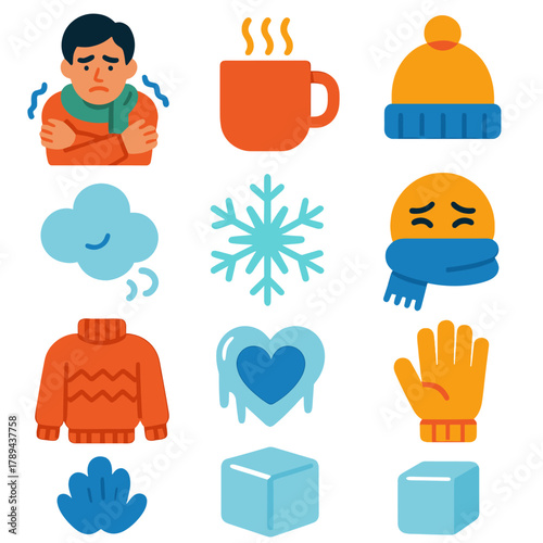 Cozy Winter Essentials. Feeling Cold flat icons: person shivering, hot drink, blanket, beanie, gloves, breath cloud, scarf, cold face, snowflake, sweater, frozen heart, ice cube.
