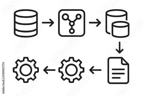 Data Processing Workflow. Data Pipeline linear icon set: source database, transformation node, connector arrows, processing stage, target storage, output file.
