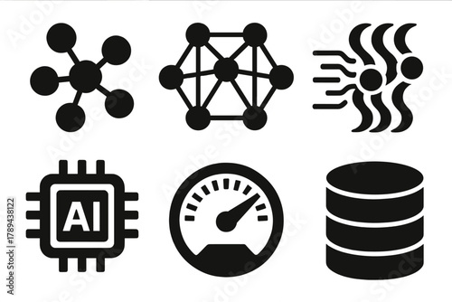 Brutalist Data Icons. Big Data Processing silhouette icon set: cluster nodes, distributed network, data stream, AI chip, processing speed gauge, storage icon.