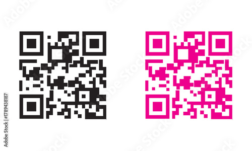 Black and pink QR codes side by side. mobile digital icon with barcode qr code info. Symbolizing digital technology, data sharing, and modern scanning design.