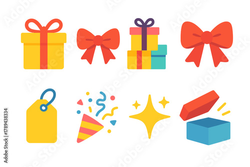 Vibrant Party Icons. Party Presents Icons flat icons: wrapped gift, ribbon knot, stack of boxes, bow detail, tag card, confetti sparkle, star shine, open lid