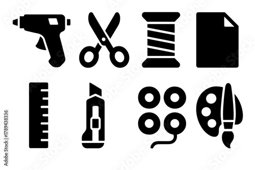 Brutalist DIY Icons. Craft DIY Icons silhouette icon set: glue gun, scissors, thread spool, paper, ruler, knife, beads, paint.