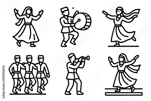 Traditional Dance Icons. Cultural Dance linear icon set: traditional costume, drum beat, group choreography, folk instruments, flowing scarf, stage performance.