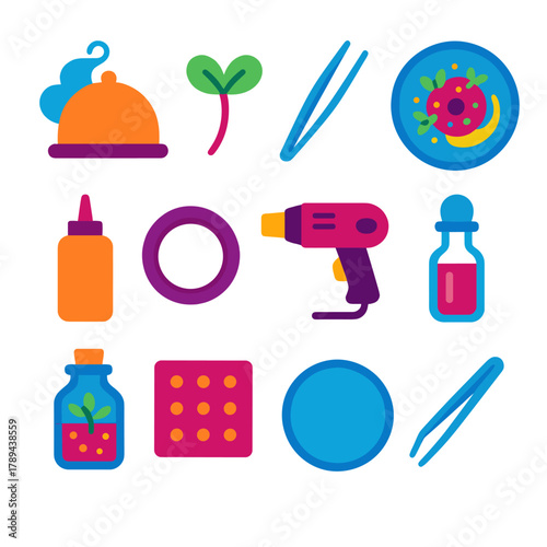 Avant-Garde Culinary Tools. Avant-Garde Cuisine flat icons: smoke dome, micro herb, steel tongs, plated art dish, squeeze bottle, ring mold, heat gun, glass vial, flavor infusion