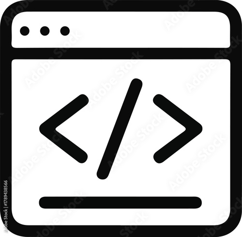 Web coding icon representing website development, Black and white line icon showing a browser window with HTML code symbols, representing web development, programming, and software design.


