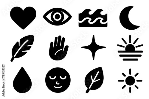 Brutalist Icon Collection. Emotional Intuition silhouette icon set: heart, eye, wave, moon, feather, hand on chest, sparkle, sunbeam, droplet, calm face, leaf, glow. , .