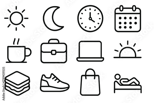 Daily Routine Icons. Weekday Icons linear icon set: sun, moon, clock, calendar grid, morning coffee, briefcase, laptop, sunrise, lunch sandwich, gym shoe, shopping bag, weekend