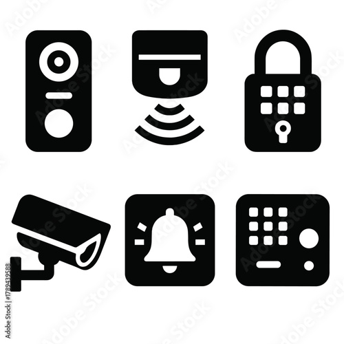 Bold Home Security Icons. Home Security silhouette icon set: video doorbell, motion sensor, smart lock, security camera, alarm system, control hub.