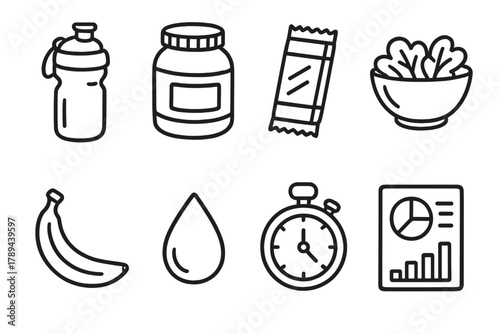 Sport Nutrition Icons. Sport Nutrition outline icons: gym bottle, protein tub, energy bar, salad bowl, banana icon, water droplet, timer clock, nutrition chart.