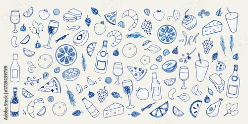 Hand drawn doodle pattern of food and drinks with blue ink on a light background