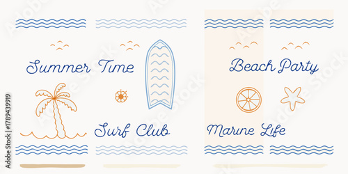 Summer beach party surf club marine life tropical vacation vibes with palm tree and surfboard