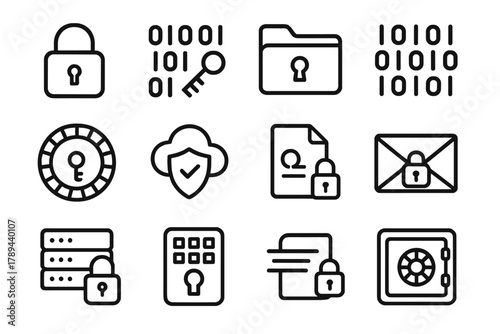 Data Security Icons. Data Encryption linear icon set: padlock, binary code, encryption key, secure folder, data stream, cipher wheel, shielded cloud, secure file, encrypted message