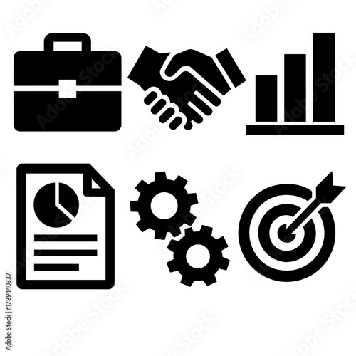 Business Icon Set. Business delegation silhouette icon set: briefcase, handshake, bar graph, document chart, gears, target board.