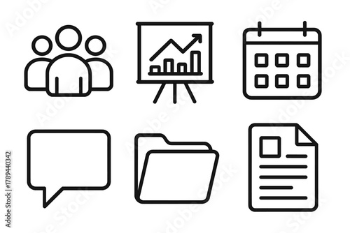 Team Presentation Icons. Team presentations linear icon set: people group, chart board, calendar, speech bubble, folder, report paper.