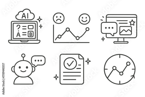 AI Doodle Icons. AI-Enhanced Interactive Content outline icons: adaptive quiz generator, sentiment response graph, real-time interaction tracker, dynamic content widget, AI chatbot