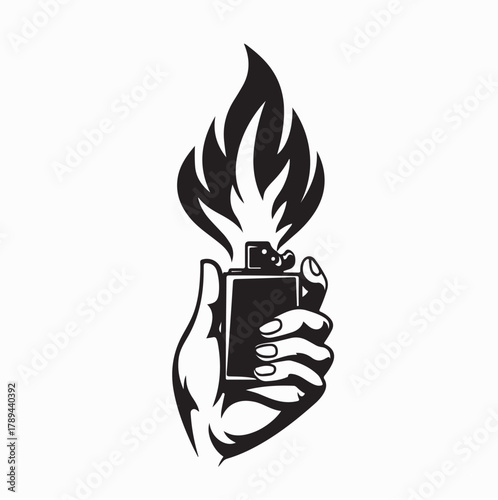 Hand Holding Lighter with Burning Flame Vector Logo
