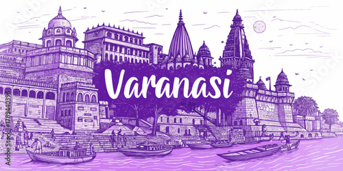 Varanasi Skyline Sketch with Ganga Ghats, Kashi Vishwanath Temple, and Cultural Landmarks for India Tourism Poster and Travel Art Print