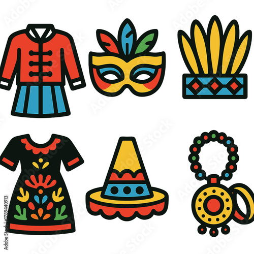 Festive Costume Icons. Festive Costumes silhouette icon set: traditional outfit, colorful mask, feather headdress, embroidered dress, festival hat, cultural accessories.