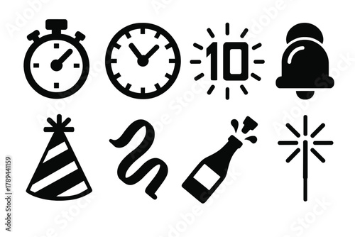 Countdown Celebration Icons. Countdown Celebration Icons silhouette icon set: stopwatch, ticking clock, glowing numbers, alarm bell, party hat, streamer, champagne bottle, sparkler